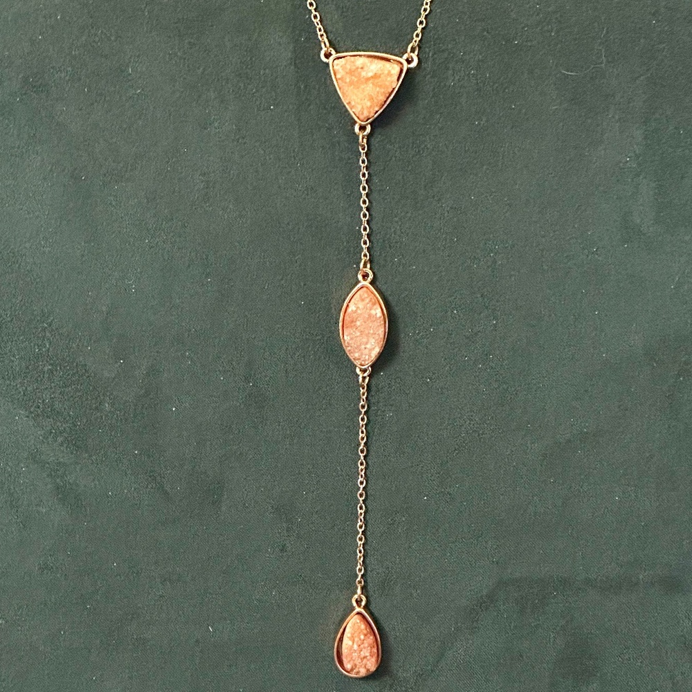 Rose Gold Colored 3 Druzy Pink Quartz Lariat Style